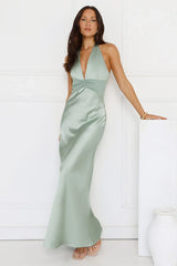 Spiced Sunset Satin Halter Maxi Dress Sage