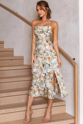 Well Versed Pleated Bust Front Split Dress Floral Abstract Print Sage