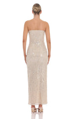 Fringe Sequin Strapless Maxi Dress in Champagne