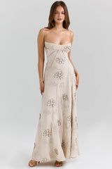 Vanilla Embroidered Hand Beaded Floral Maxi Dress
