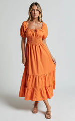 Claritza Midi Dress - Linen Look Short Puff Sleeve Square Neck Tiered Dress in Sherbert