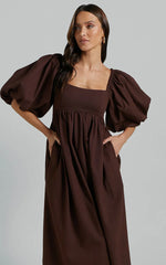 Cenia Midi Dress - Linen Straight Neck Shirred Back Puff Sleeve Dress in Dark Oak