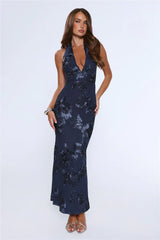 Lime Light Mesh Halter Maxi Dress Navy