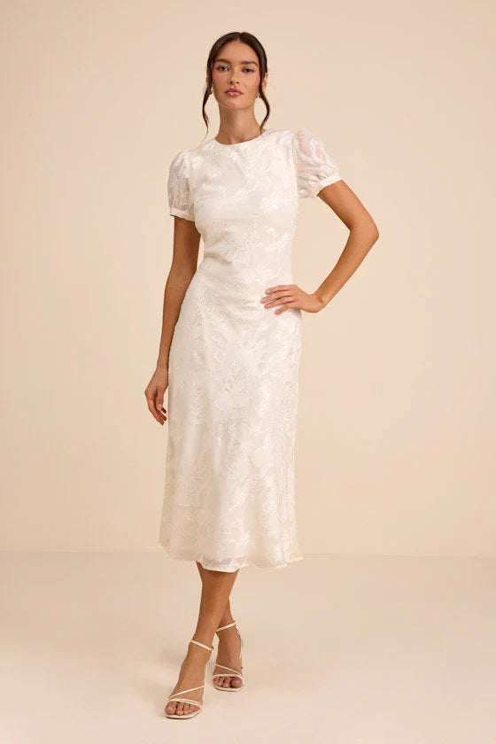 Bridget Ivory Floral Jacquard Puff Sleeve Midi Dress