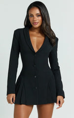 Bea Mini Dress - Collared Long Sleeve Fit And Flare Pleated Dress In Black