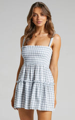 Wilda Mini Dress - Shirred Tiered Dress in Light Blue Gingham