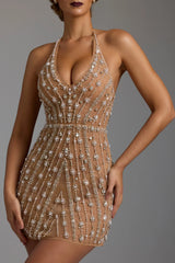 Hand Embellished Sheer Mini Dress In Almond