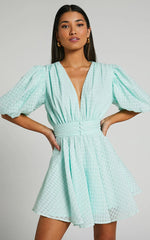 Xandy Mini Dress - Textured Puff Sleeve Plunge Dress in Mint