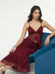 Velvet V-Neck Floral Ruffle Cami Top & Mid Rise Midi Skirt Set