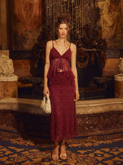 Velvet V-Neck Floral Ruffle Cami Top & Mid Rise Midi Skirt Set