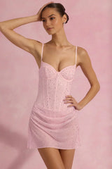 Kateproms Semi-Sheer Draped Corset Mini Dress With Sparkling Embellishments In Pink