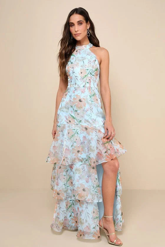 Forever Exceptional Light Blue Floral Halter Organza Maxi Dress