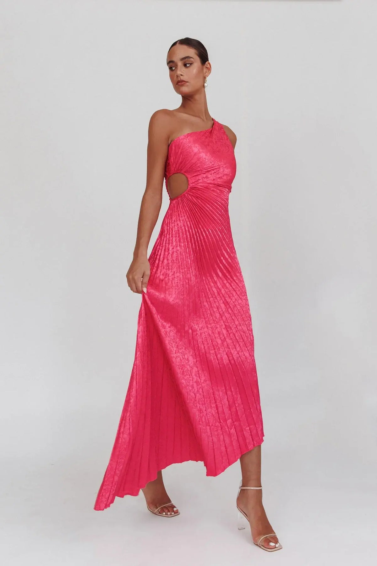 Amelie One-Shoulder Accordion Pleat Maxi Dress Floral Fuchsia