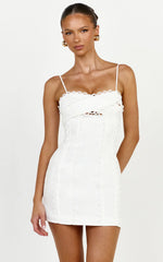 Gigi Mini Linen Blend Dress Sweetheart Tie Back Scallop Detail Dress in Off White