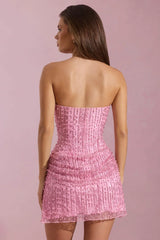Embellished Draped Strapless A-Line Mini Dress In Pink