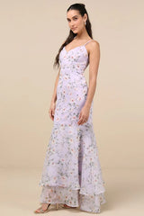 Pure Splendor Lavender Floral Organza Trumpet Maxi Dress
