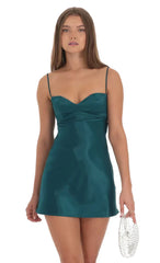 Satin Sweetheart Neck Dress In Teal Green