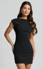 Gabbie Mini Dress - High Neck Cap Sleeve Dress in Black