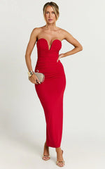 Gianni Maxi Dress - Plunge Ruched Mesh Column Dress in Red