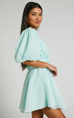 Xandy Mini Dress - Textured Puff Sleeve Plunge Dress in Mint