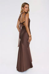 Romantic Affair Satin One Shoulder Maxi Dress Brown