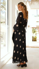 Calandra Long Sleeve Midi Dress - Black/Cream Polka
