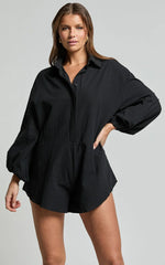 Anka Playsuit - Relaxed Button Front Shirt Playsuit in Black