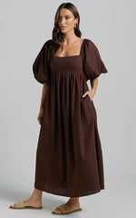 Cenia Midi Dress - Linen Straight Neck Shirred Back Puff Sleeve Dress in Dark Oak