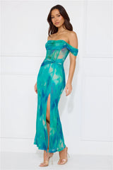 Timeless Grace Off Shoulder Mesh Maxi Dress Green