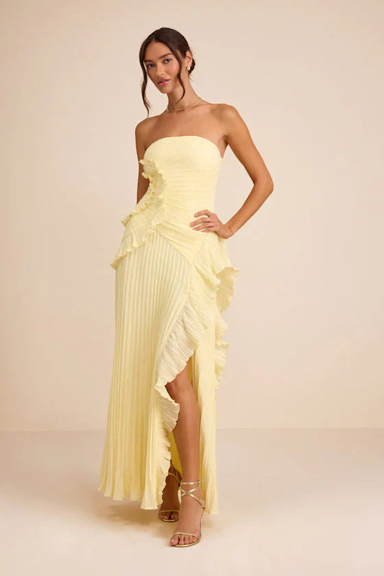 Brylee Light Yellow Pleated Ruffled Maxi Dress