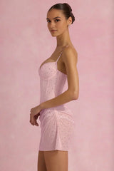 Kateproms Semi-Sheer Draped Corset Mini Dress With Sparkling Embellishments In Pink