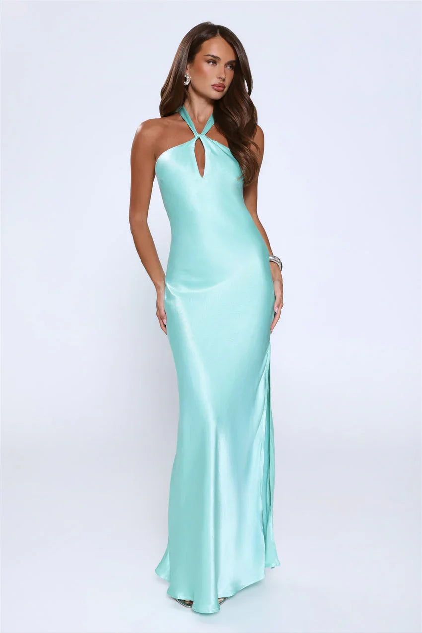 Rule Her World Halter Satin Maxi Dress Aqua