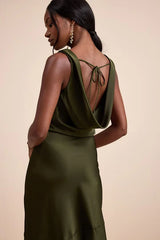 Aernah Olive Satin Cowl Tie-Back Slip Maxi Dress