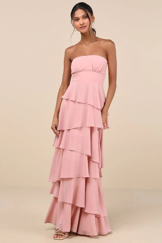 Gorgeous Essence Blush Strapless Tiered Maxi Dress