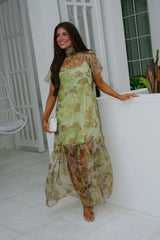 Josie Floral Organza Maxi Dress-Green Multi