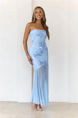 Rosé Mood Strapless Mesh Maxi Dress Blue
