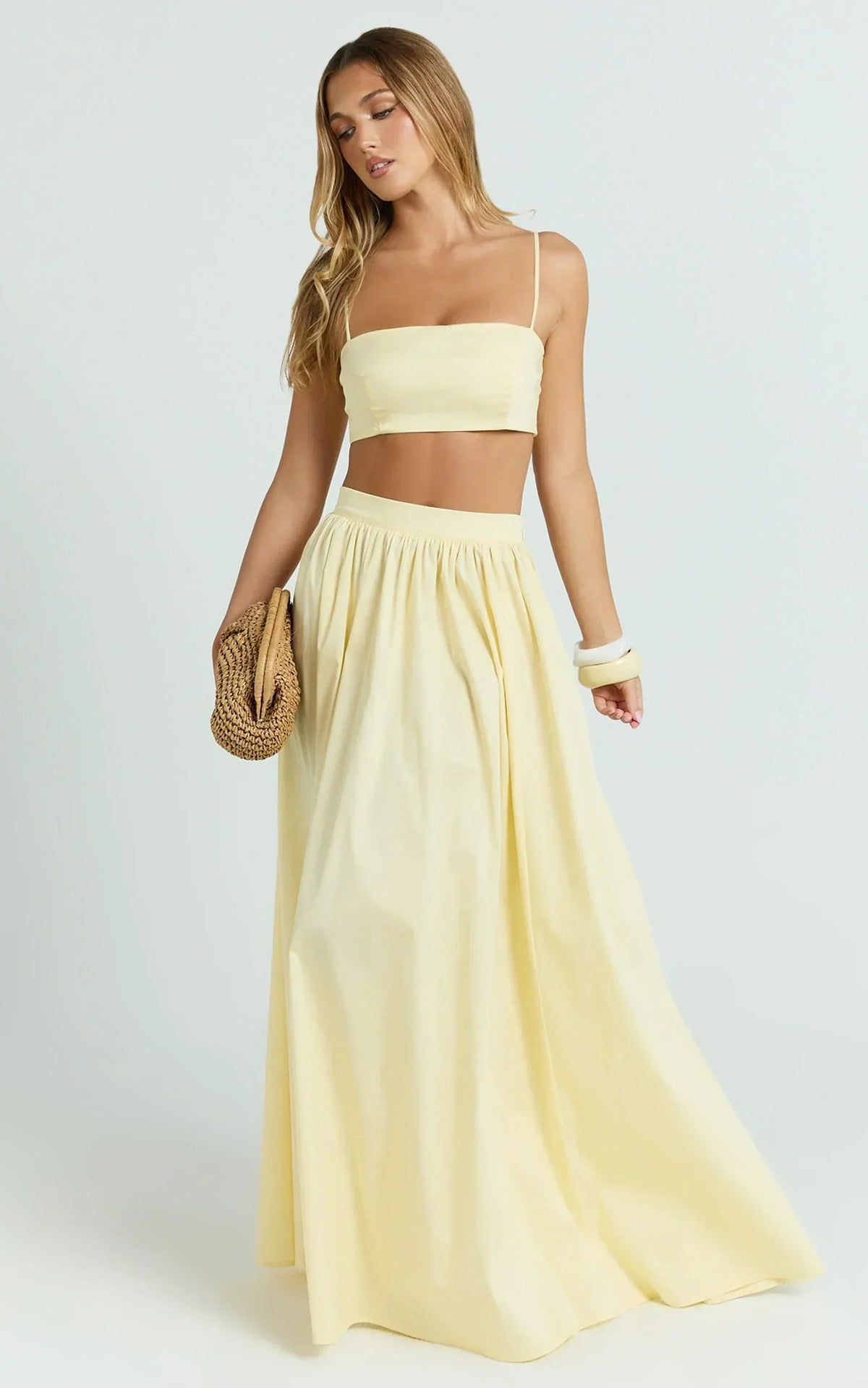 Tegan Two Piece Set - Straight Neck Micro Crop Top And A Line Maxi Skirt Set In Butter Yellow