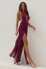 Adrianna Plunge Ruched Maxi Dress Plum