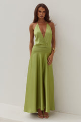 Amadine Deep V Plunge Maxi Dress Olive