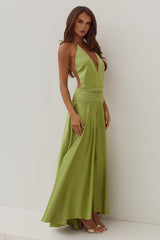 Amadine Deep V Plunge Maxi Dress Olive