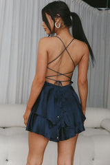 Mon Cherie Cowl Neckline Lace-Up Back Romper Indigo