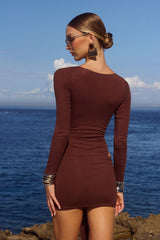 Evelyn Sleeved Cut Out Mini Dress Bitter Chocolate