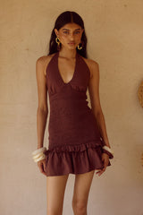 Fleur Shirred Halter Mini Dresss Chocolate