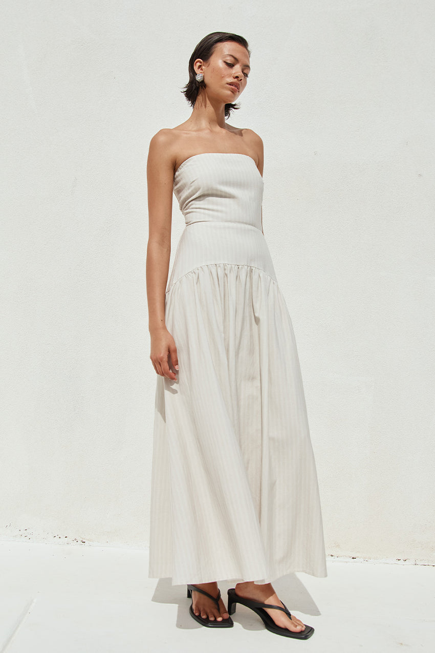 Heather Midi Dress Stone Pinstripe