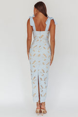 Coastal Bloom Tied Shoulder Maxi Dress Embroidered Baby Blue