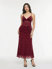 Velvet V-Neck Floral Ruffle Cami Top & Mid Rise Midi Skirt Set