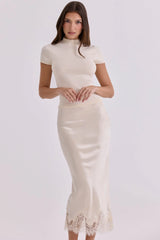 Ciara Vintage Ivory Satin + Lace Midi Skirt