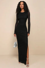 Pristine Poise Black Mesh Cutout Long Sleeve Maxi Dress