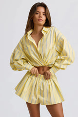 Cotton Poplin Stripe Pleated Shorts In Yellow Stripe