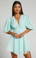 Xandy Mini Dress - Textured Puff Sleeve Plunge Dress in Mint